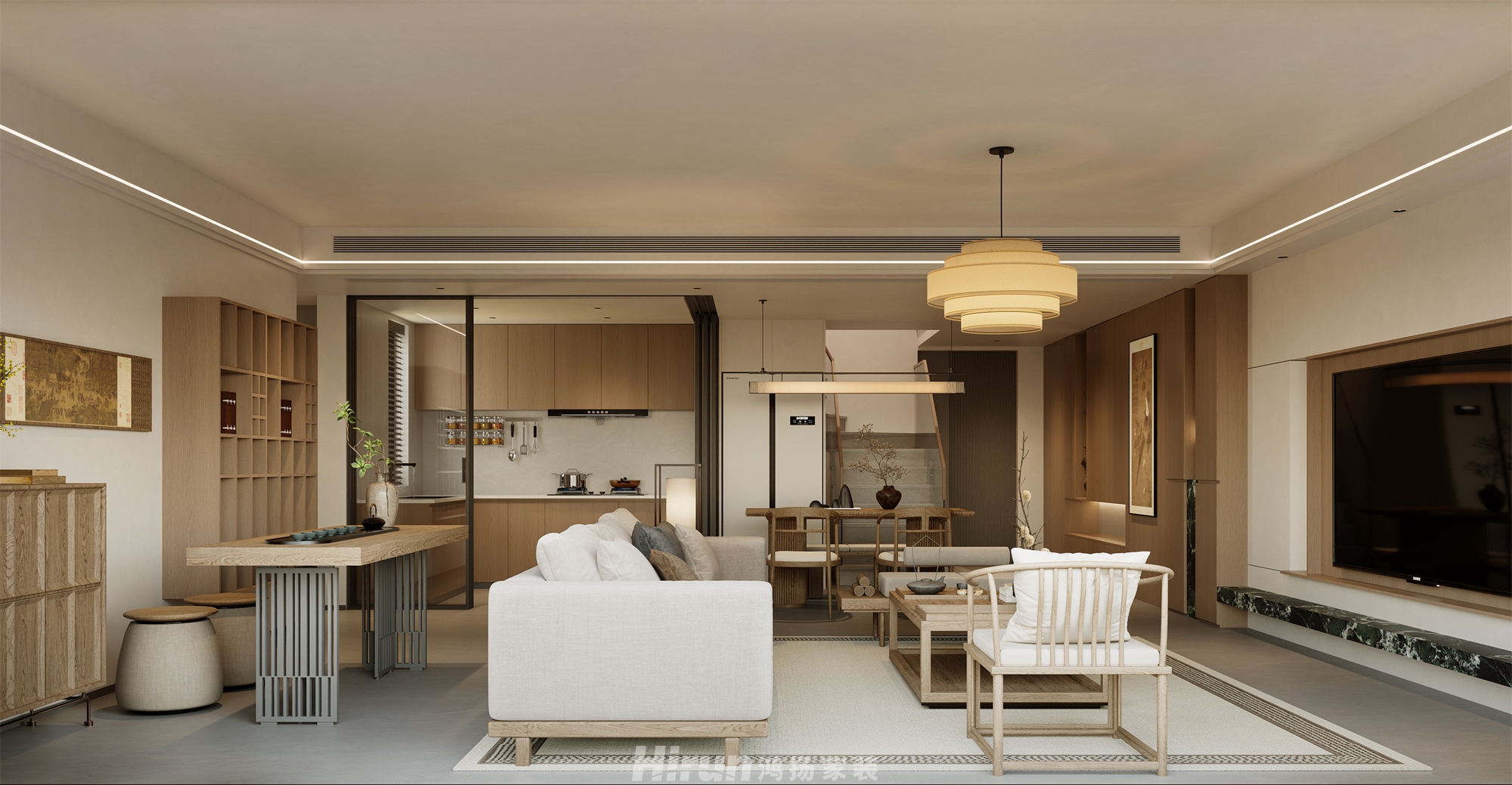 建發(fā)玖洲觀瀾170㎡意境東方復式 裝修案例效果圖-1
